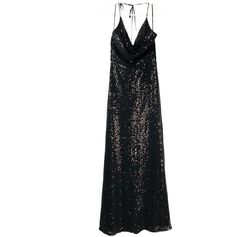 Amsale Black Sequin Gown 8 Zipper Cowl Neck Sleeveless Halter Tie Maxi Dress